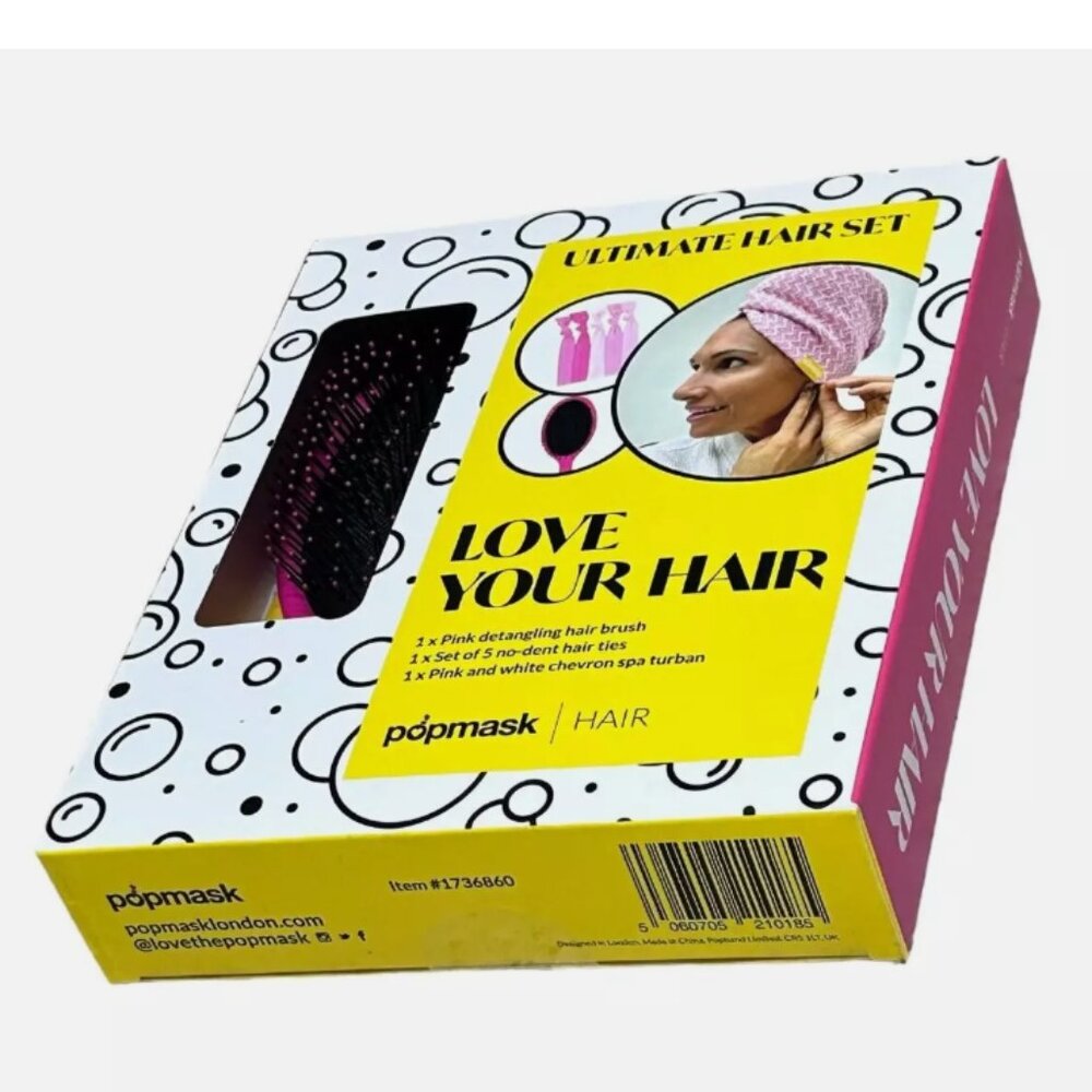 Popmask Ultimate Hair Set Detangling PINK Hair Brush & Hair Ties & TURBAN. NEW - Picture 3 of 6